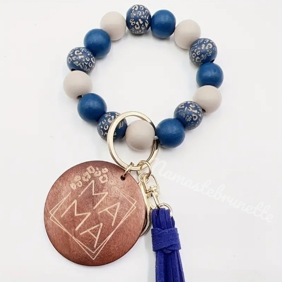 Wooden Beaded Mama Keychain Bag Charm With Blue Tassel - Picture 6 of 12